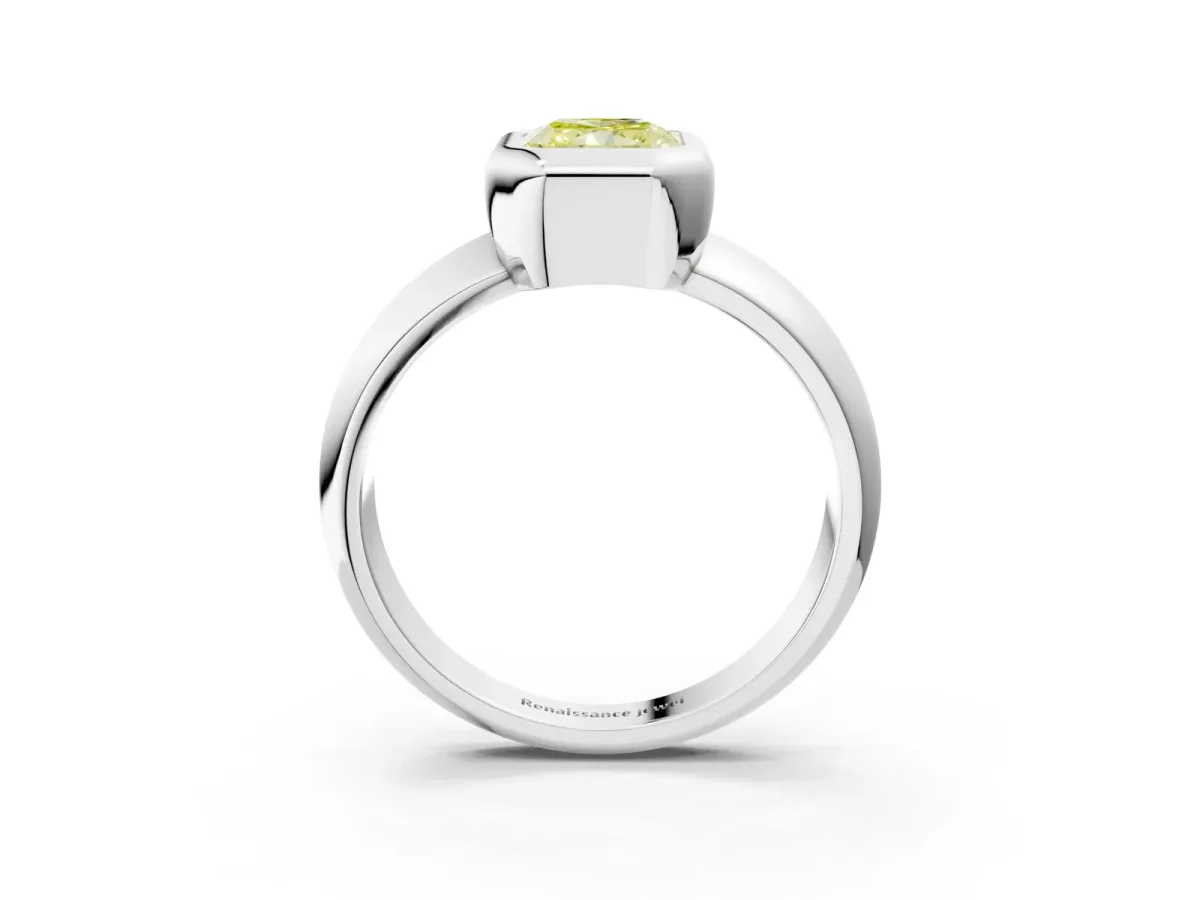 Fancy Yellow Bezel Set Radiant Cut Solitaire Ring with Wide Band Platinum