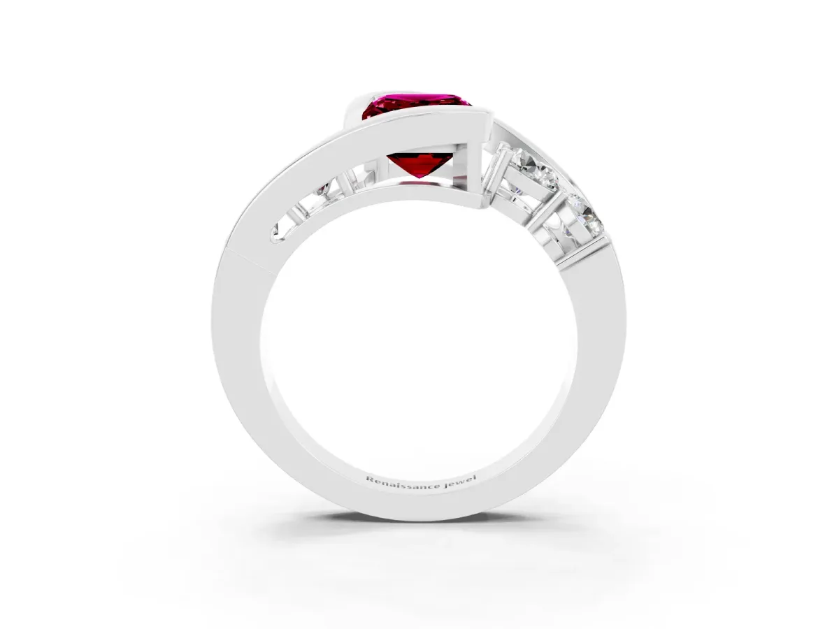 Bezel Set Emerald Cut Garnet Bypass Ring with Round Accents Platinum