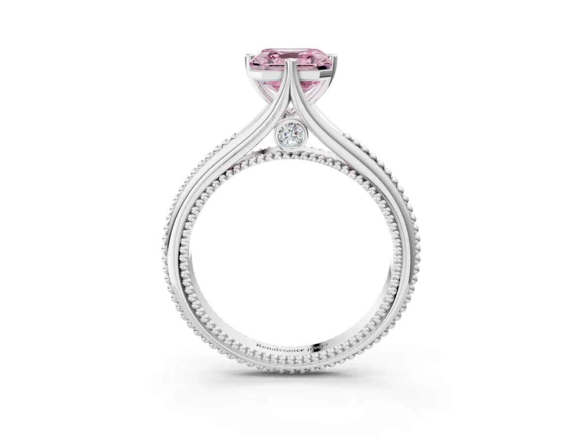 Fancy Pink Asscher Cut Solitaire Beaded Band Six-Prong Setting Platinum