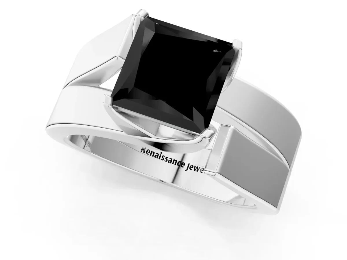 Fancy Black Modern Tension Set Princess Cut Diamond Solitaire Wide Band Ring Silver