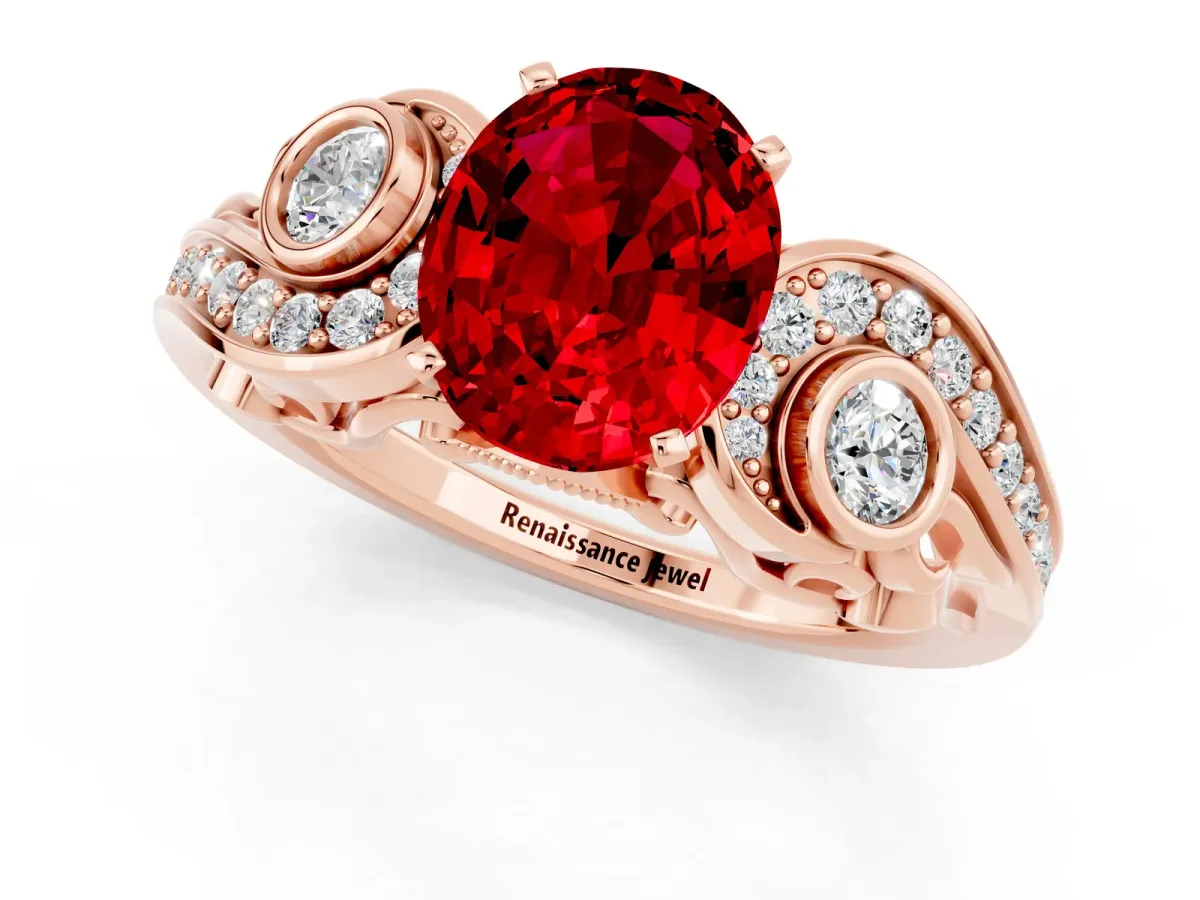 Oval Cut Ruby Solitaire Ring with Milgrain Pavé Band and Four-Prong Setting Rose gold