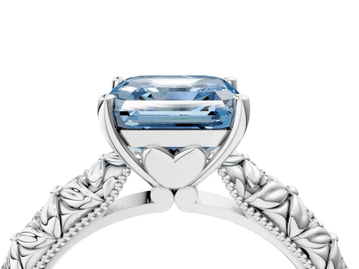 Fancy Blue Asscher Cut Solitaire Floral Milgrain Engagement Ring Platinum