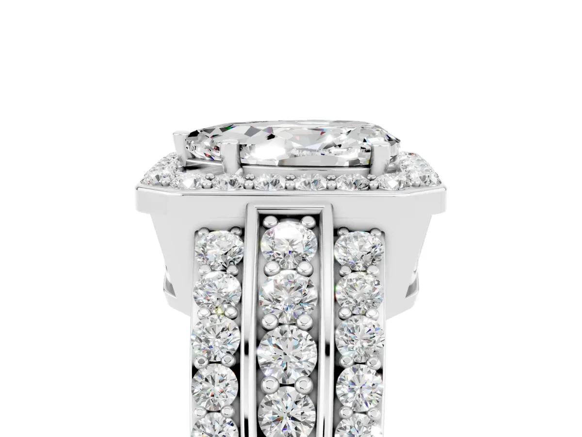 Pear Cut Halo Moissanite Ring with Round Split Shank and Prong Setting Silver