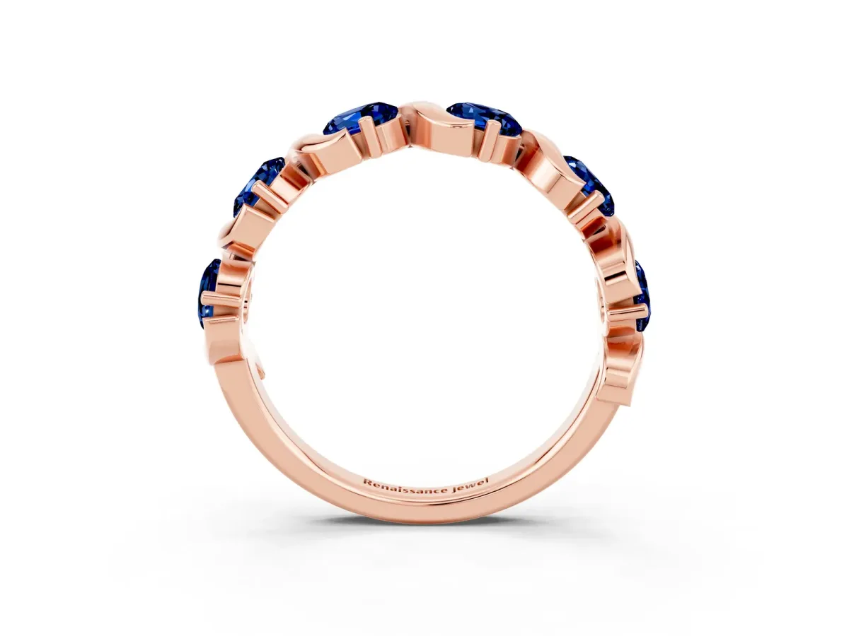 Round Blue Sapphire Half Eternity Band with Wave Prong Setting Rose gold