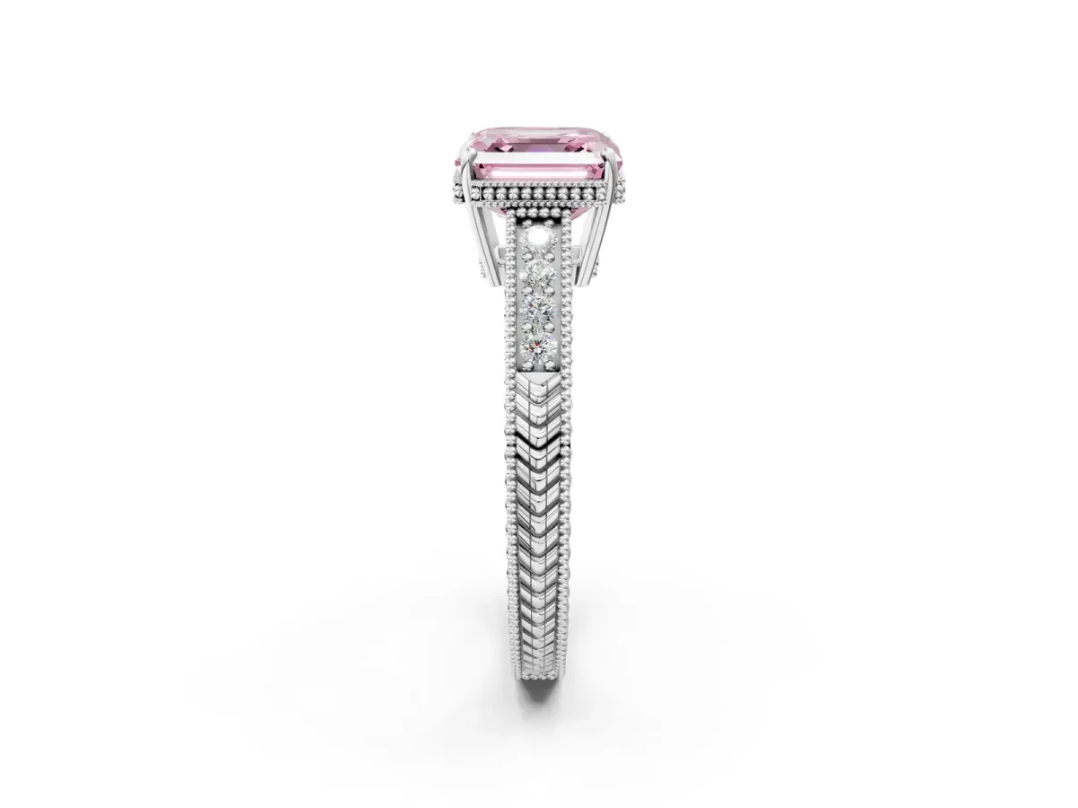 Fancy Pink Asscher Cut Cut Diamond Milgrain Pave Band Four-Prong Setting Ring Platinum