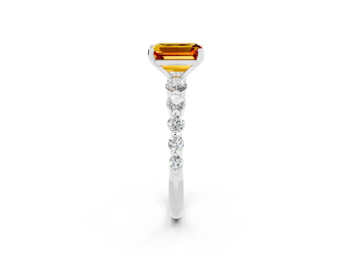 Emerald Cut Solitaire Citrine Ring with Pave Band and Four-Prong Setting Platinum