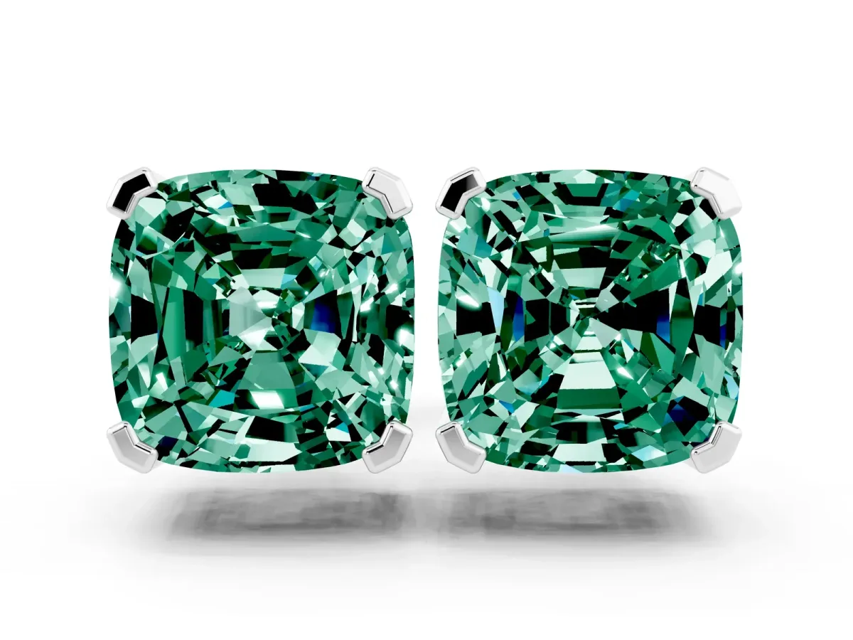 Cushion Cut Green Sapphire Stud Earrings Platinum