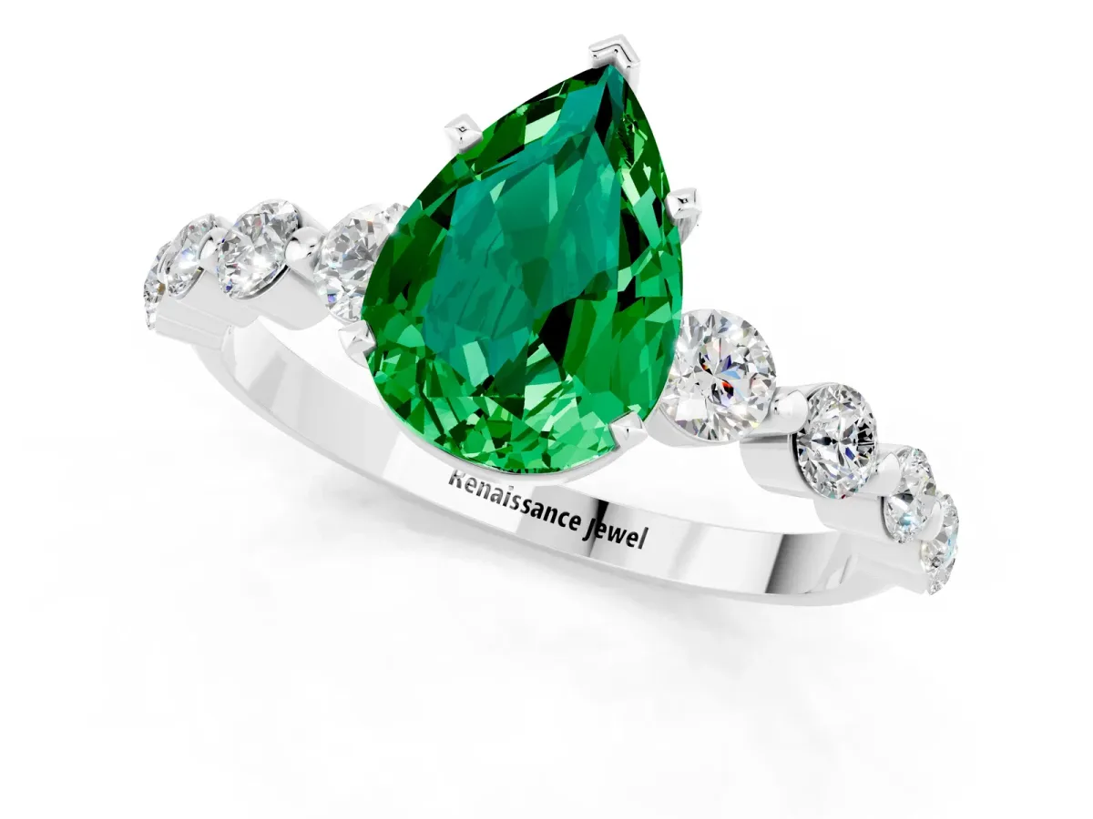 Pear Cut Solitaire Emerald Ring with Pave Band and Four-Prong Setting Platinum