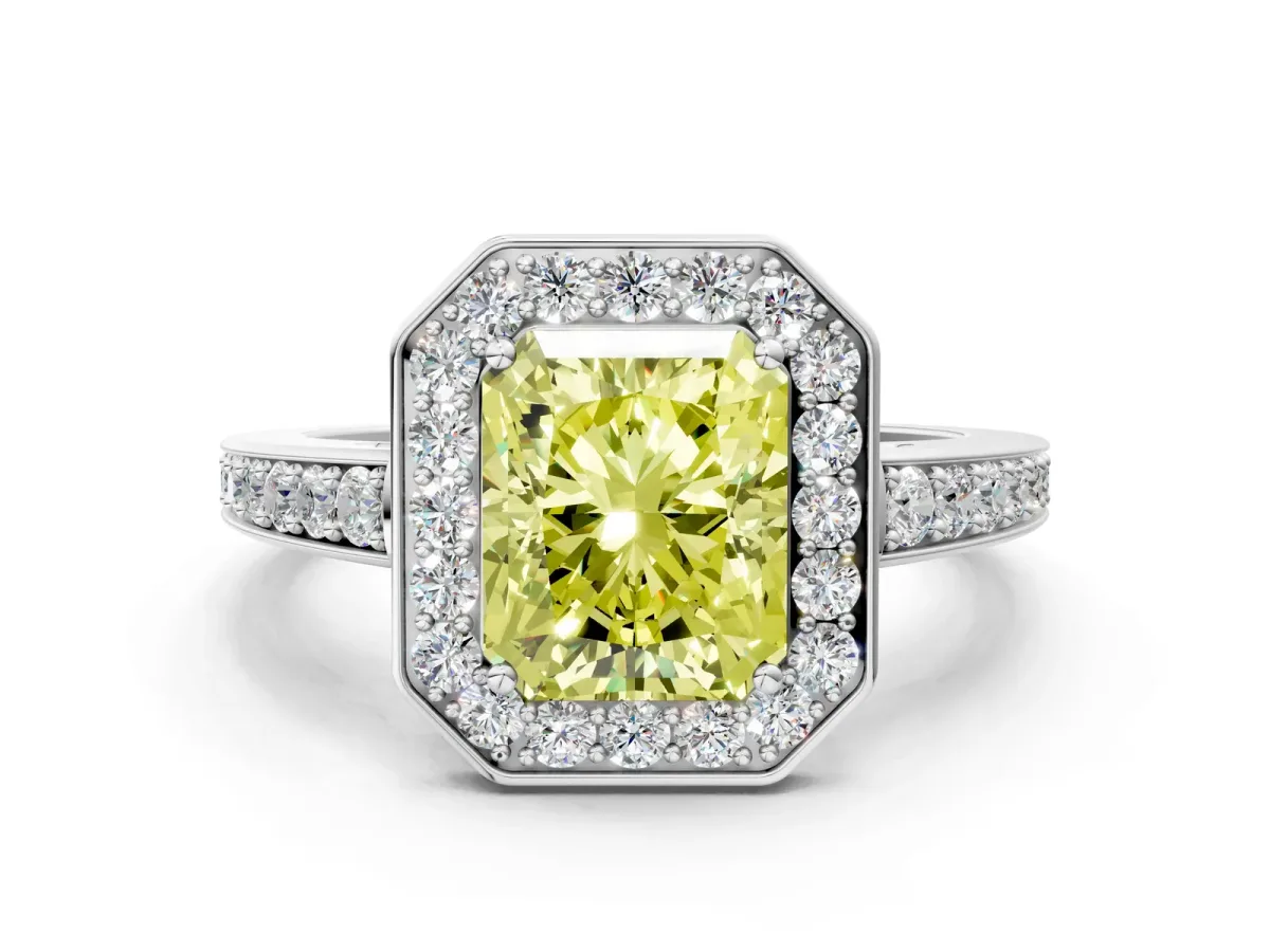 Fancy Yellow Radiant Cut Halo Pavé Diamond Engagement Ring with Bezel Setting Silver