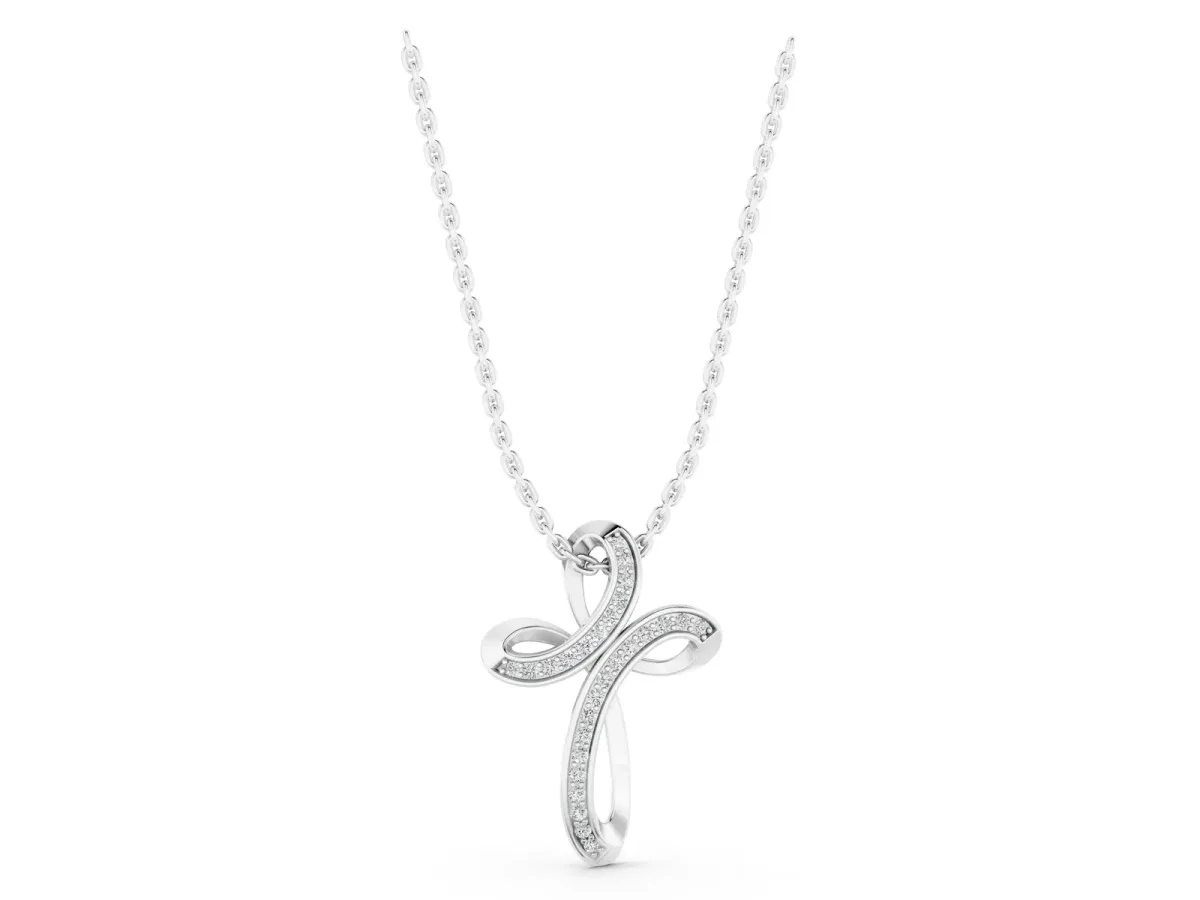 Pavé Round Diamond Prong Cross Pendant Silver
