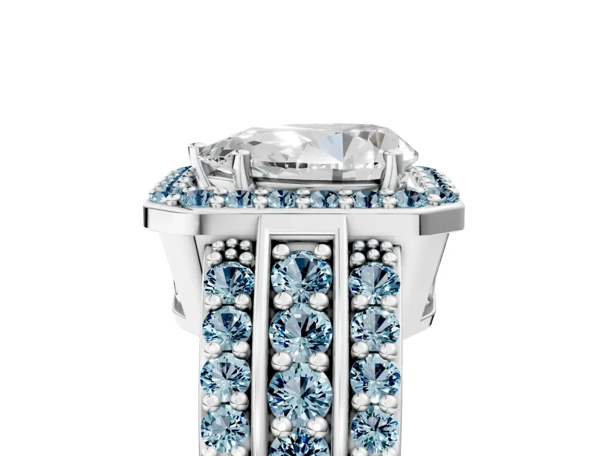 Pear Cut Halo Diamond Ring with Round Aquamarine Split Shank and Prong Setting Silver