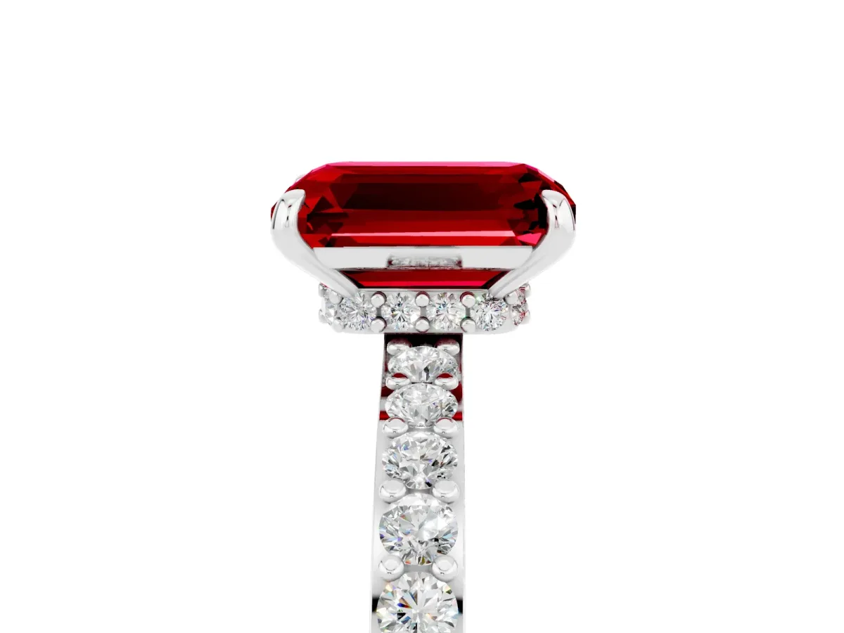 Emerald Cut Ruby Solitaire Engagement Ring with Pavé Band and Four-Prong Setting White gold