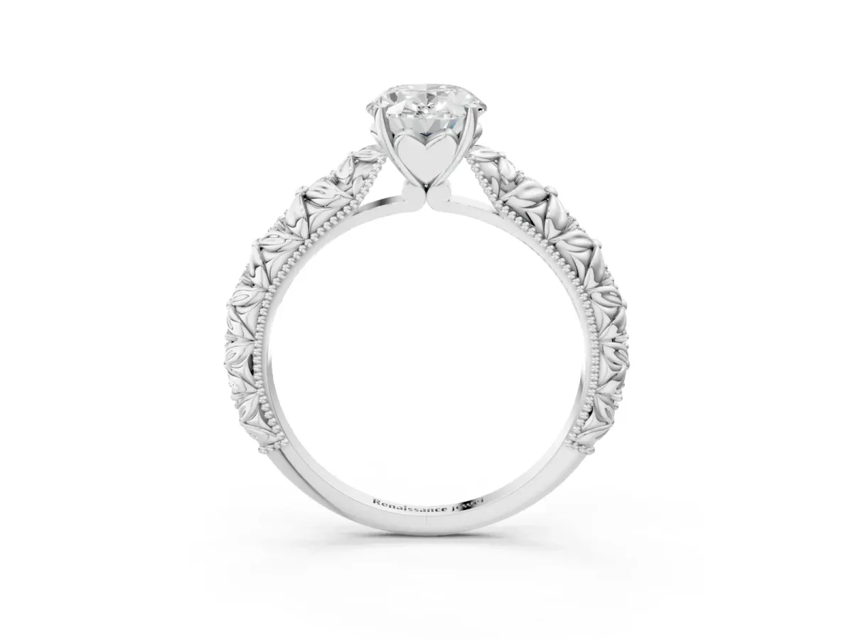 Oval Cut Solitaire Floral Milgrain Engagement Ring Silver