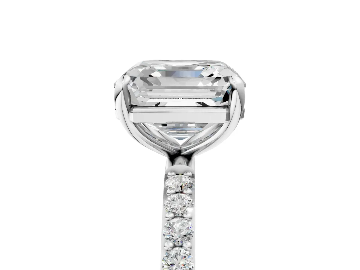 Asscher Cut Diamond Solitaire Ring with Round Pavé Band and Prong Setting Platinum