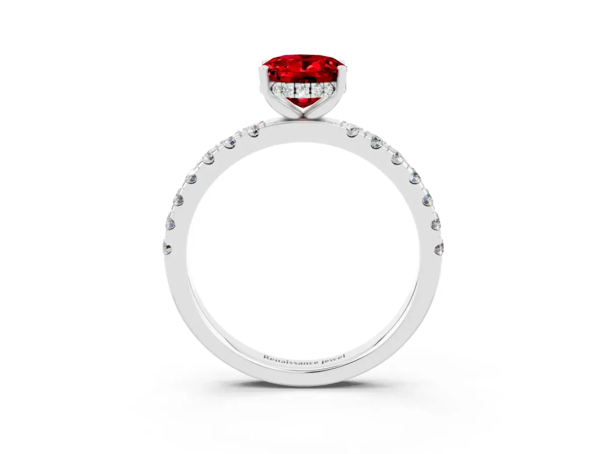 Oval Cut Ruby Pave Band Solitaire Ring with Round and Prong Setting Platinum