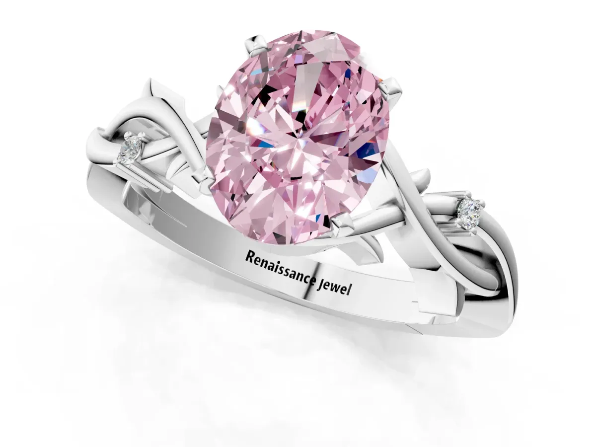 Fancy Pink Oval Cut Diamond Solitaire Ring with Twisted Band and Prong Setting Silver