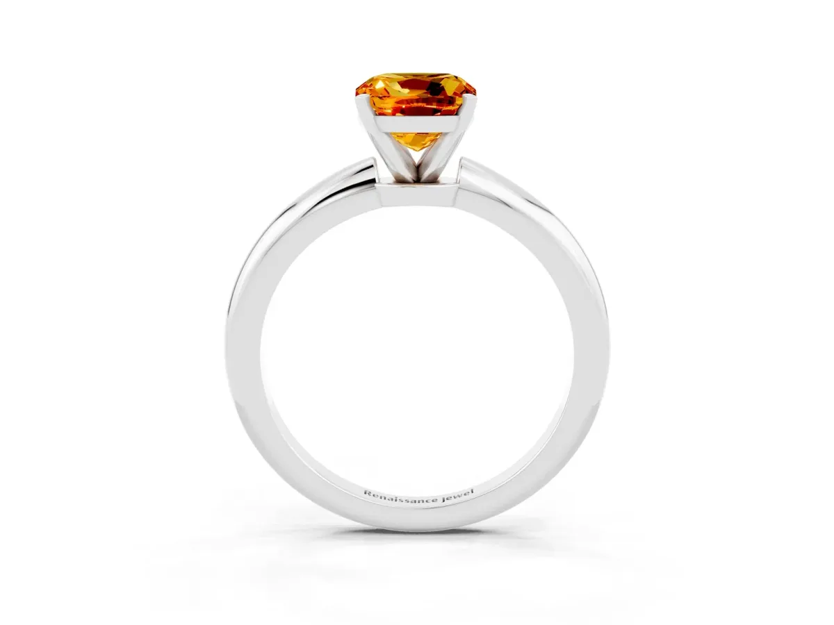 Cushion Cut Citrine Solitaire Ring with Six-Prong Setting and Classic Band Platinum
