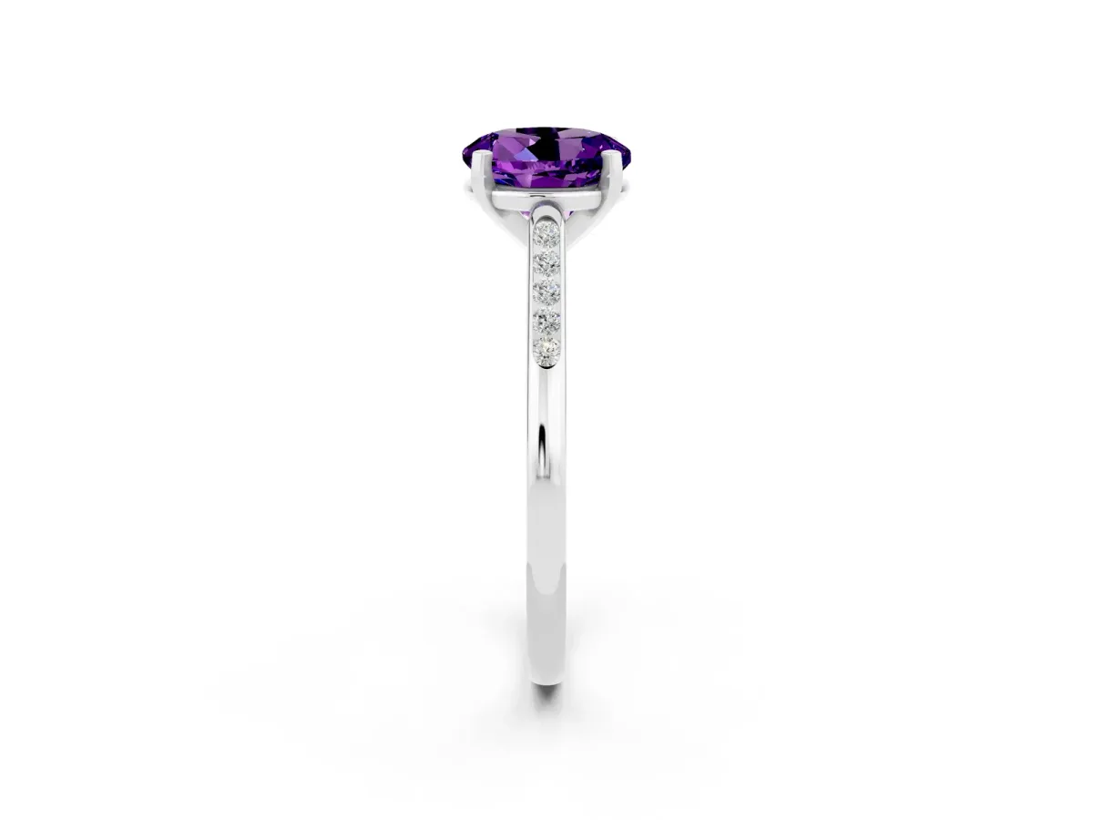 Round Cut Amethyst Solitaire Ring with Channel Set Round Band and Prong Setting Platinum