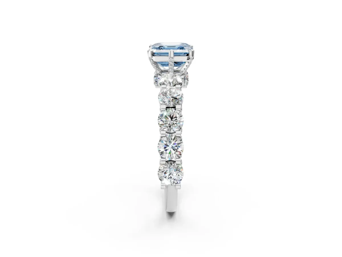 Fancy Blue Asscher Cut Diamond Side Stone Engagement Ring with Four-Prong Setting White gold