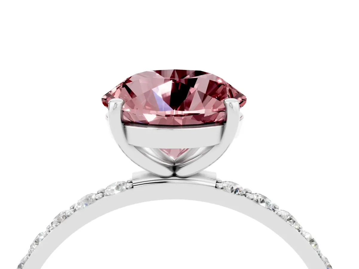 Round Cut Morganite Solitaire Ring with Round Pavé Band and Prong Setting Silver