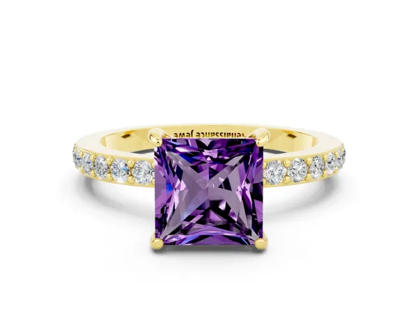 Princess Cut Amethyst Solitaire Engagement Ring with Pavé Band and Four-Prong Setting Yellow gold