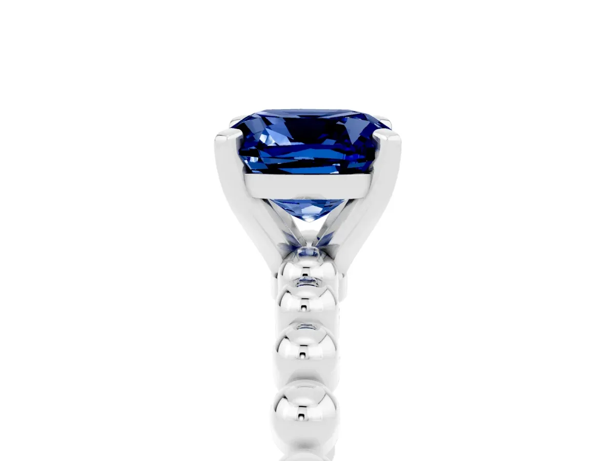 Cushion Cut Blue Sapphire Solitaire Ring with Beaded Band and Prong Setting Silver