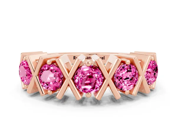 Round Pink Sapphire Channel Set Band with X-Prong Detail Rose gold