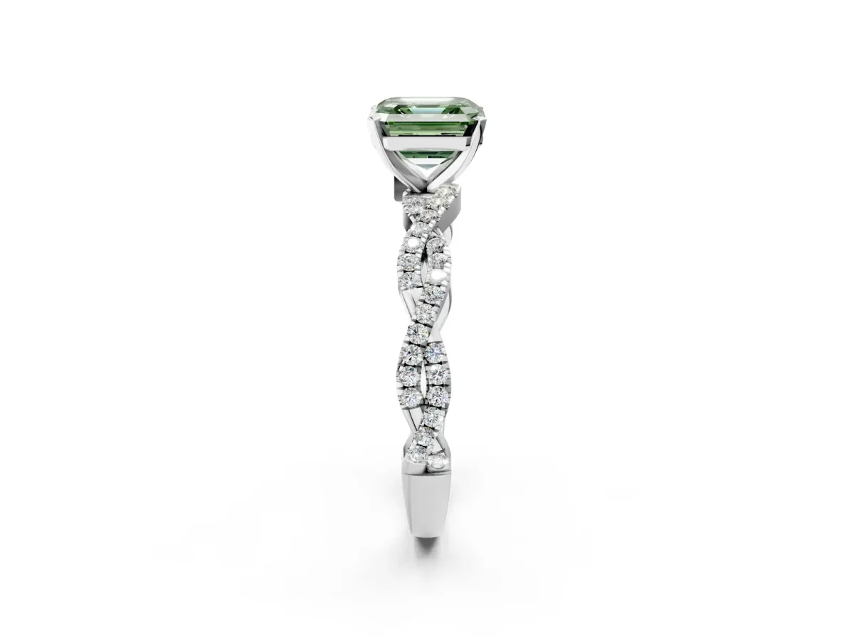 Fancy Green Asscher Cut Solitaire Twisted Pave Band with Four-Prong Setting Platinum