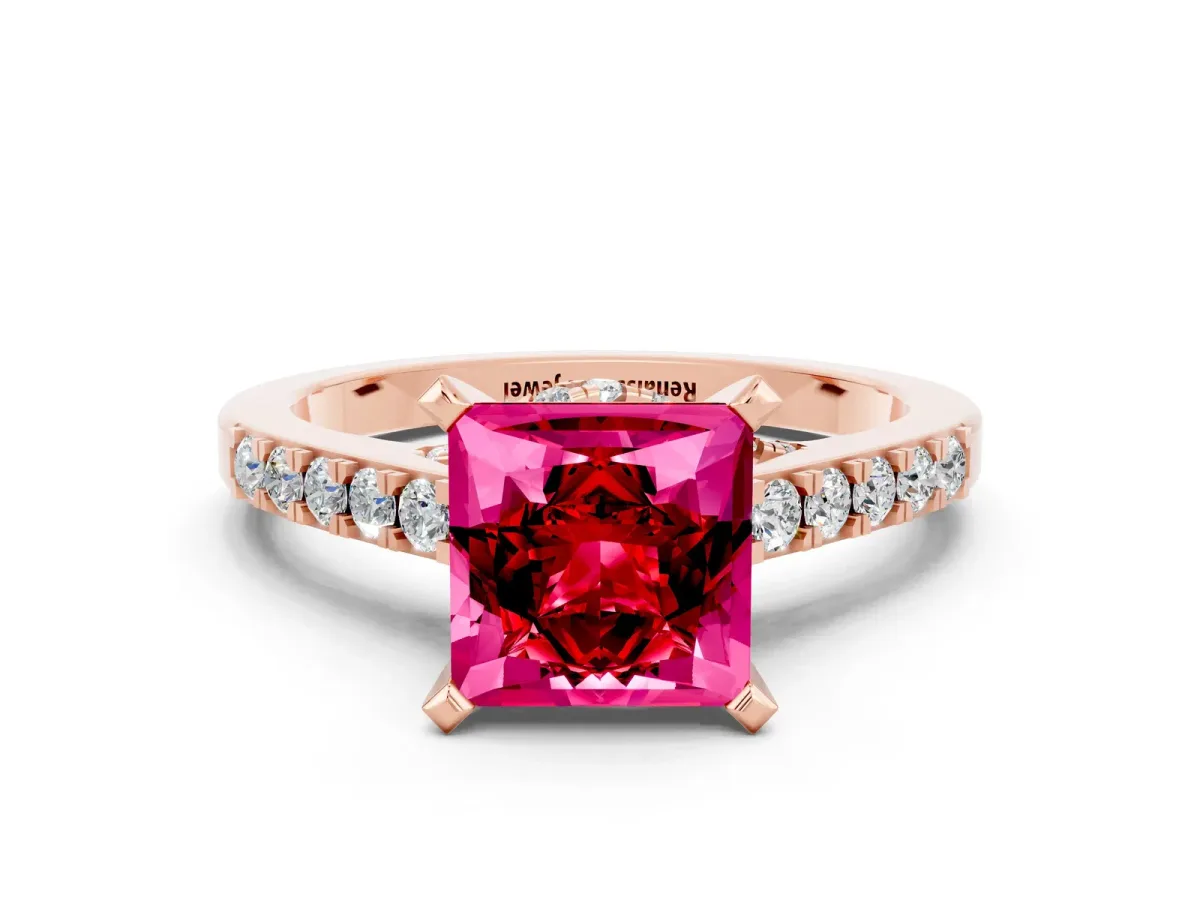 Princess Cut Ruby Solitaire Ring with Crossover Gallery and Round Pavé Band Rose gold