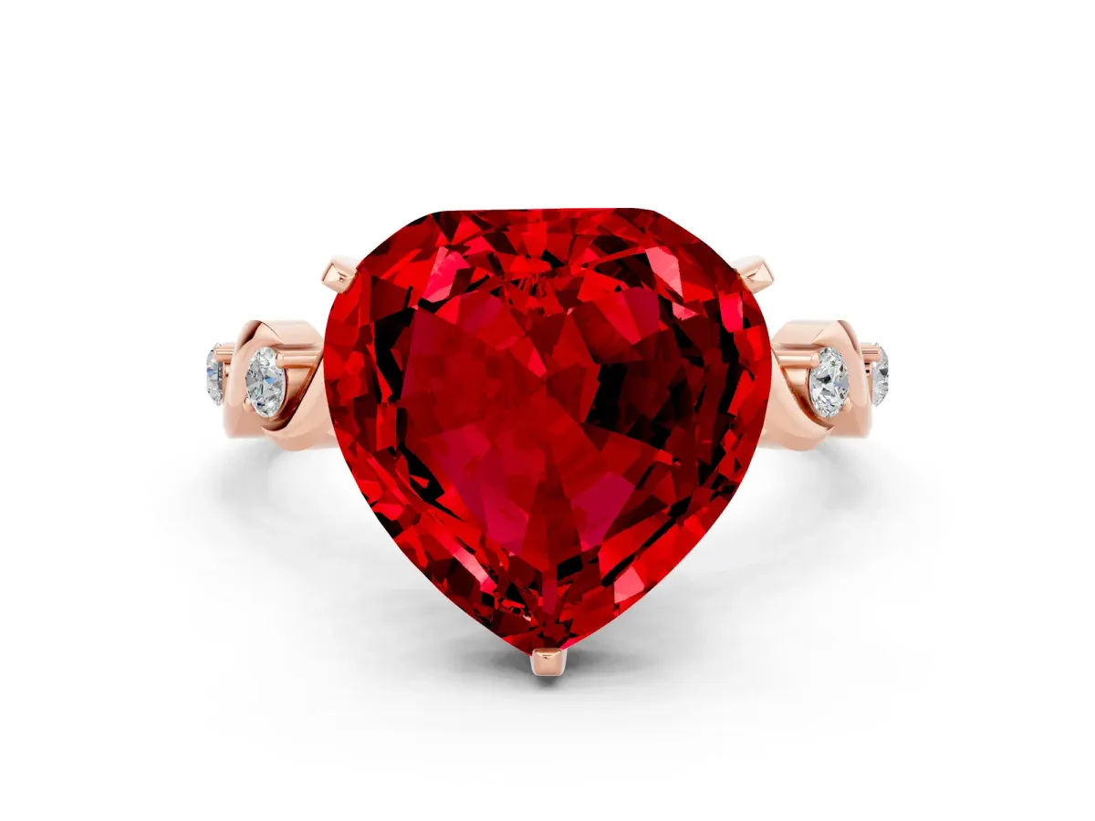 Heart Cut Ruby Solitaire Twisted Band with Round Accents and Prong Setting Rose gold
