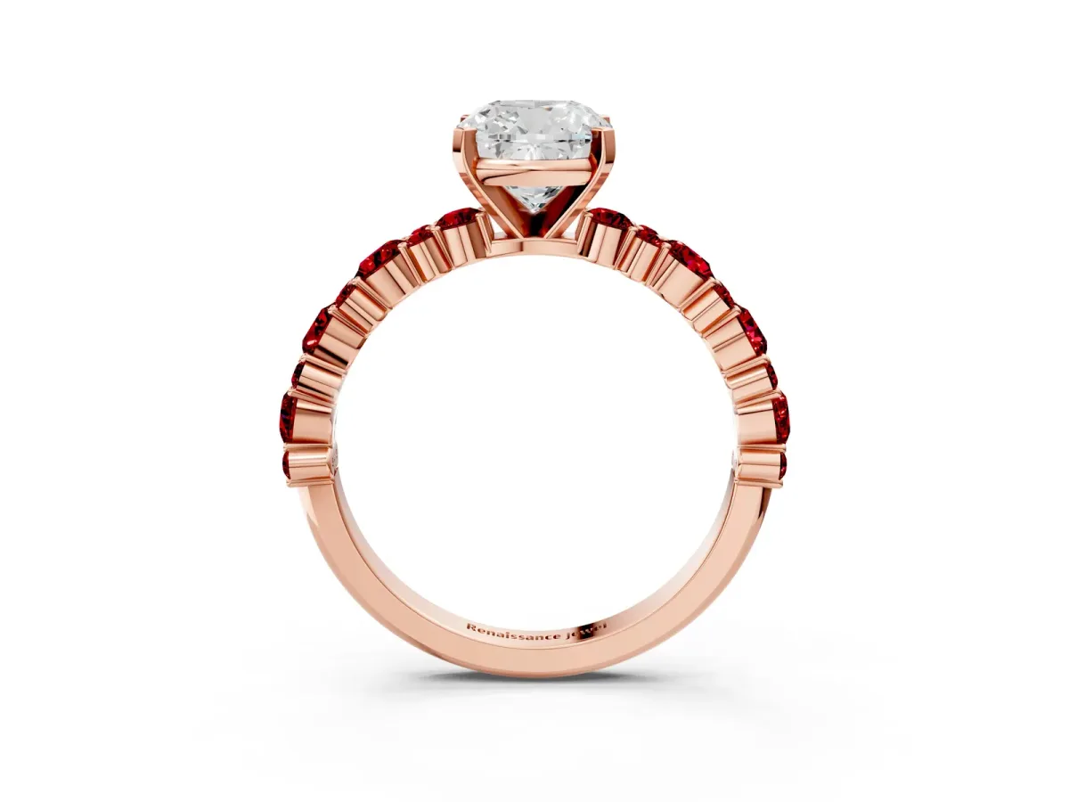 Cushion Cut Diamond Side Stone Solitaire Ring with Round Ruby and Four-Prong Setting Rose gold