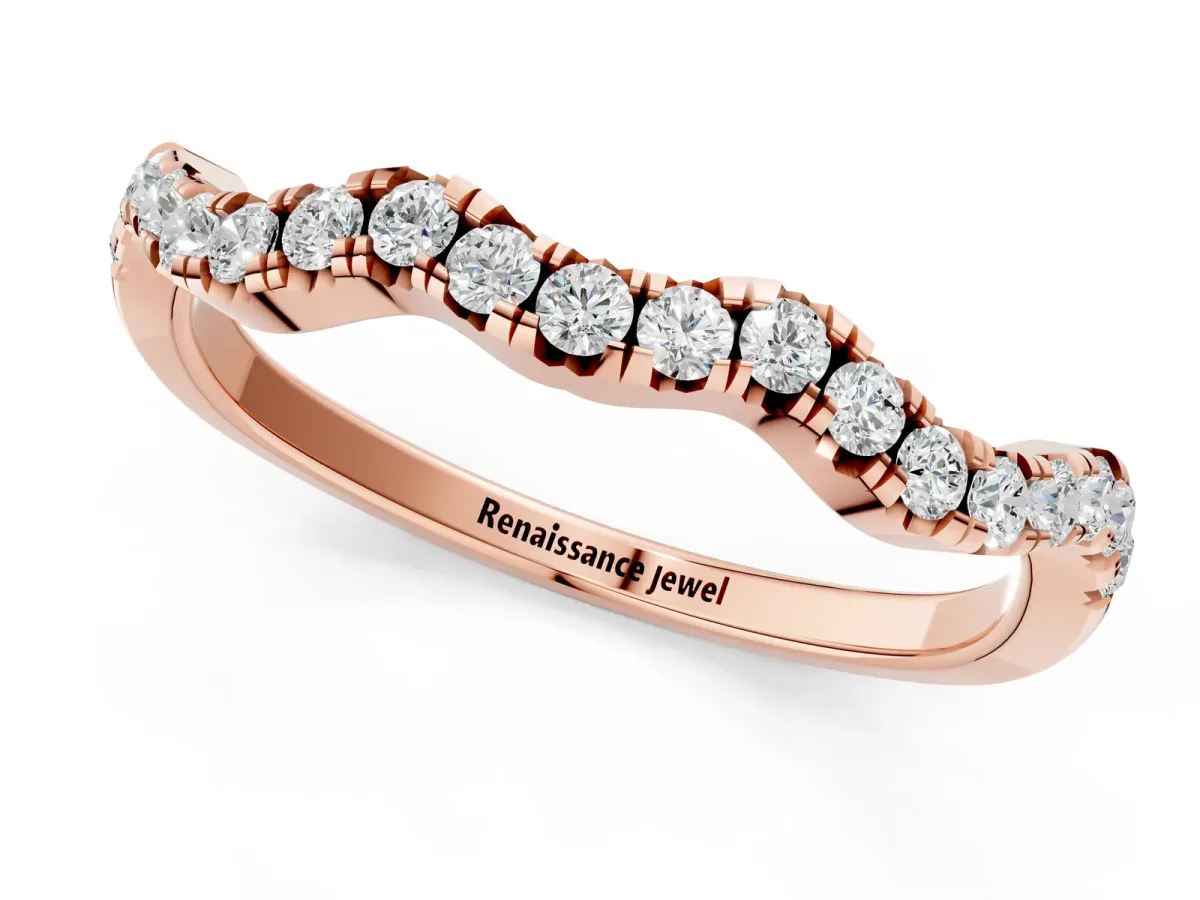 Round Diamond Scalloped Pavé Wedding Band with Shared Prong Setting Rose gold