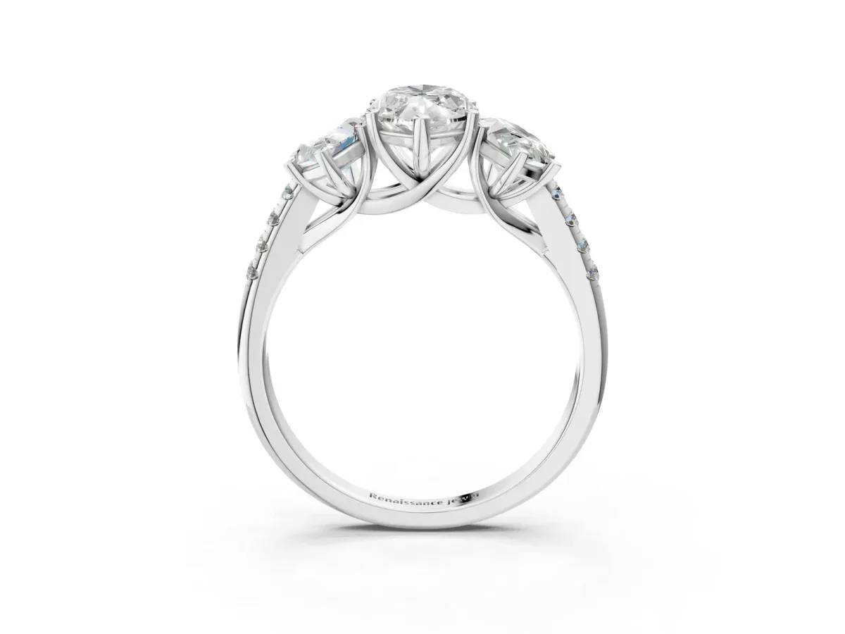Three-Stone Marquise Cut Diamond Ring with Round Pavé Band and Prong Setting Platinum