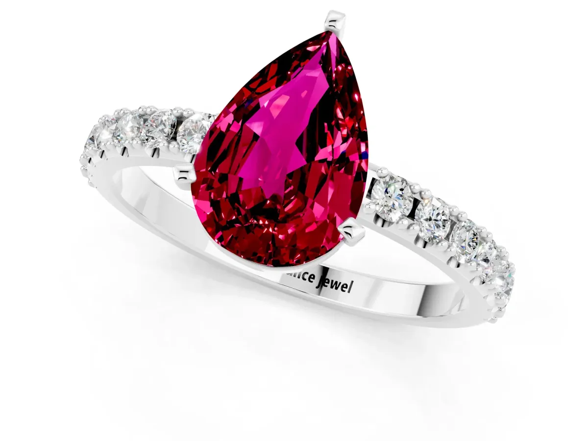 Pear Cut Garnet Solitaire Pavé Band with Four-Prong Setting White gold
