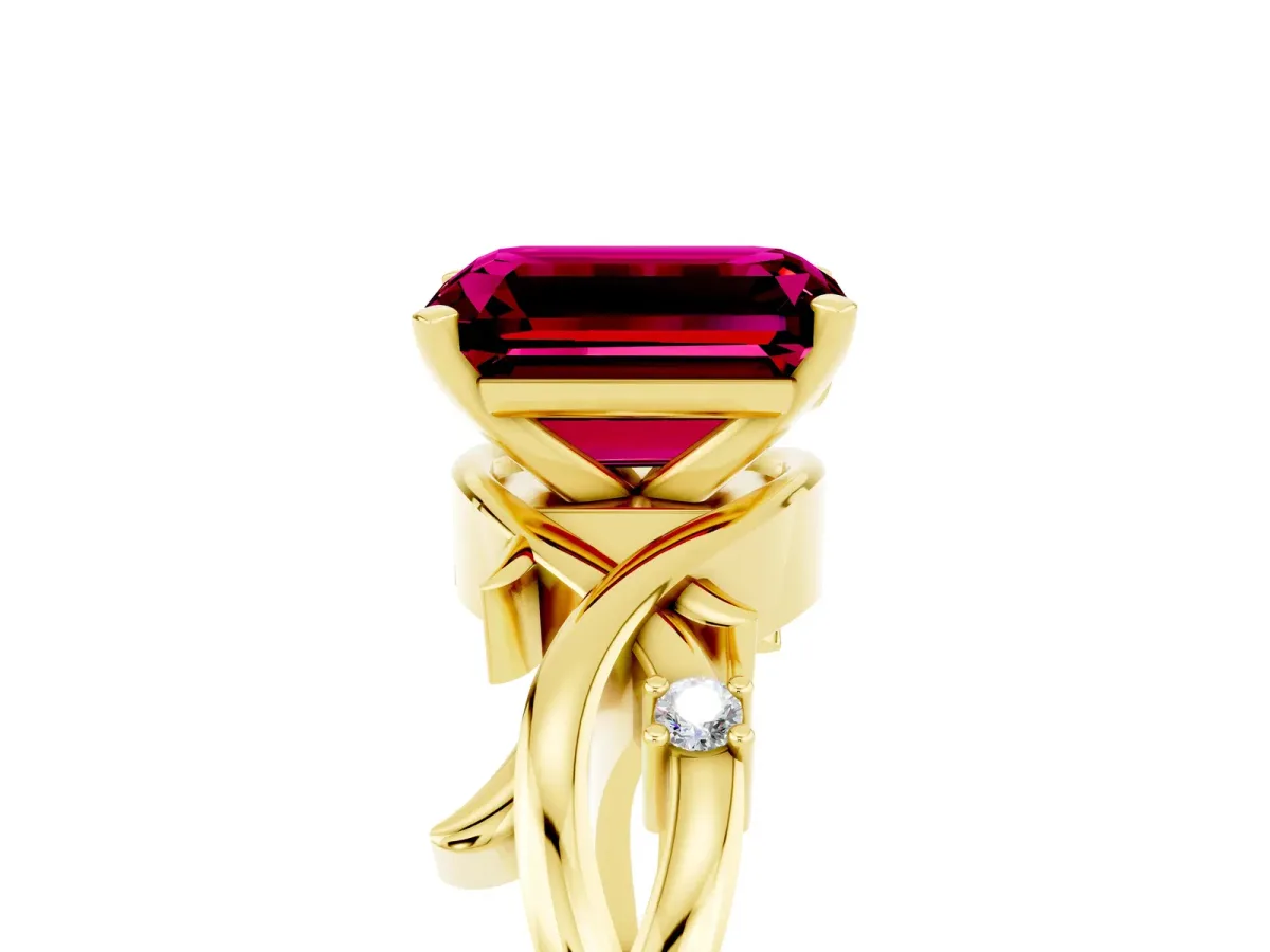 Emerald Cut Garnet Solitaire Ring with Twisted Band and Prong Setting Yellow gold