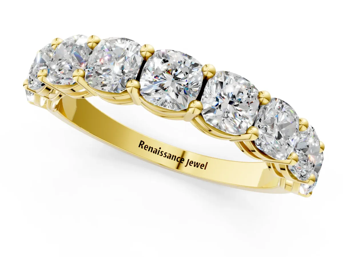 Cushion Cut Half Eternity Band with Shared Prong Setting Yellow gold
