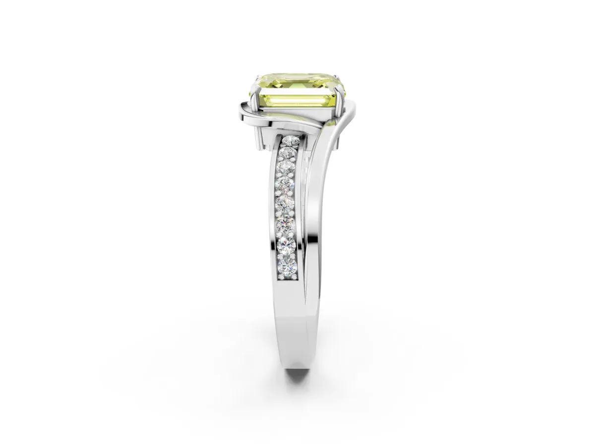 Fancy Yellow Asscher Cut Diamond Solitaire Ring with Split Shank and Prong Setting Platinum
