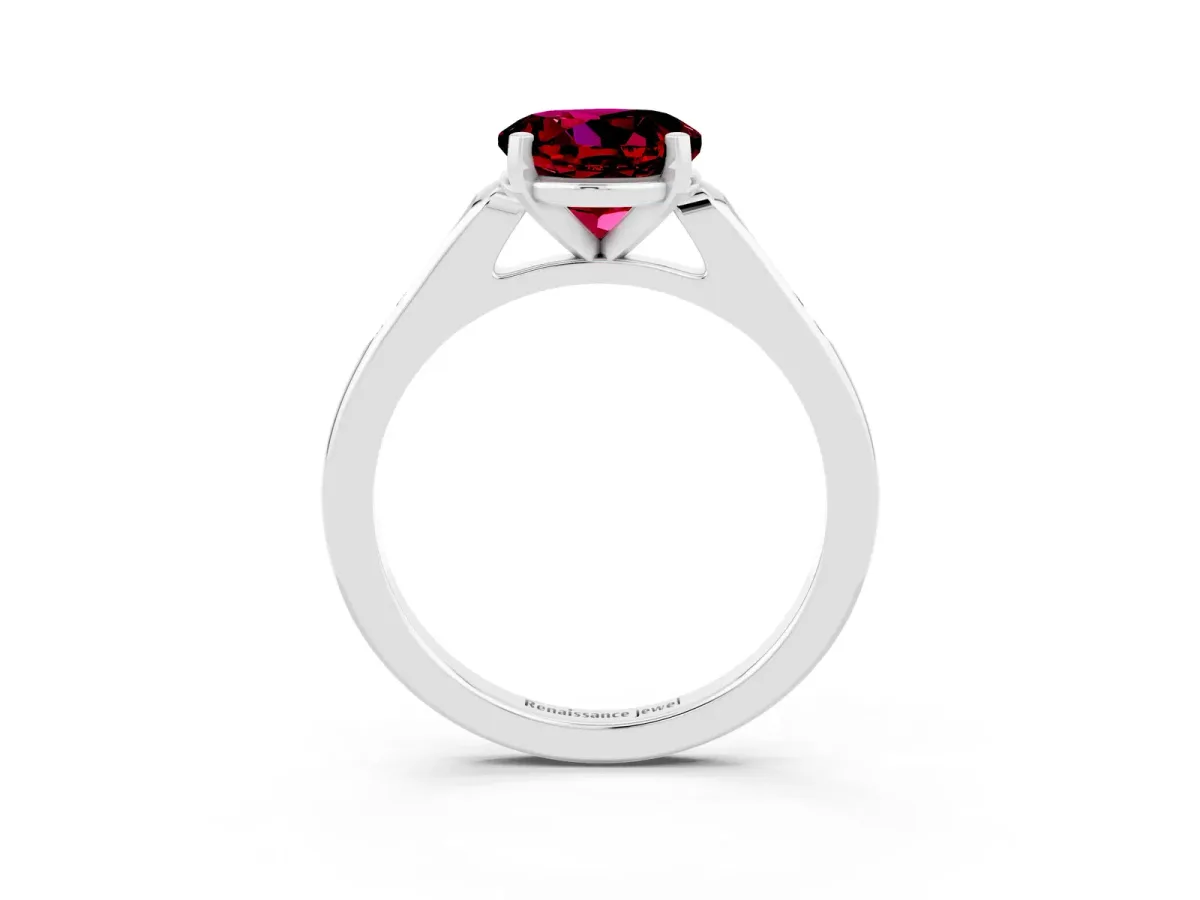 Round Cut Garnet Solitaire Ring with Channel Set Round Band and Prong Setting Platinum