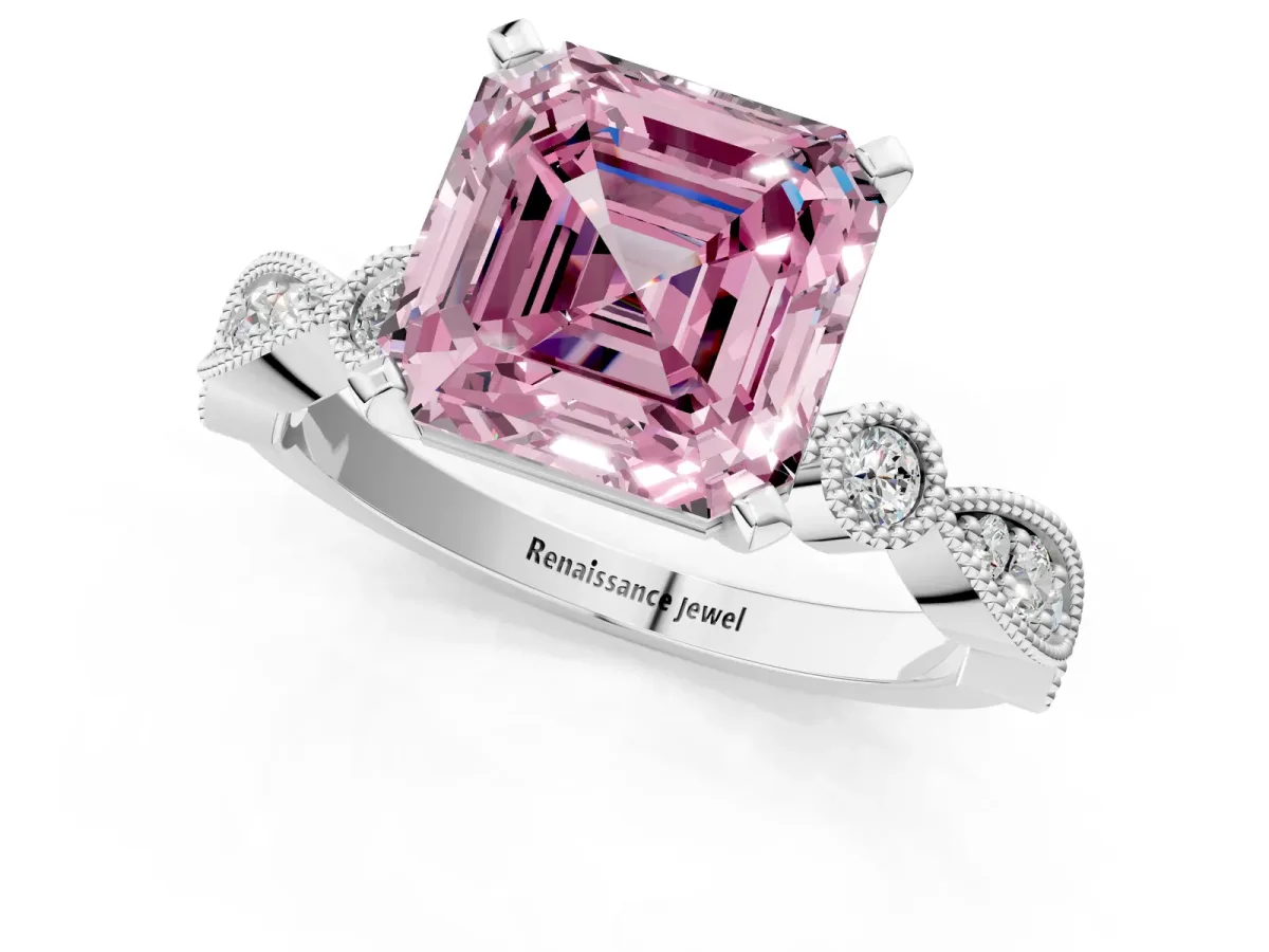 Fancy Pink Asscher Cut Milgrain Bezel Diamond Engagement Ring with Solitaire Prong Setting Platinum