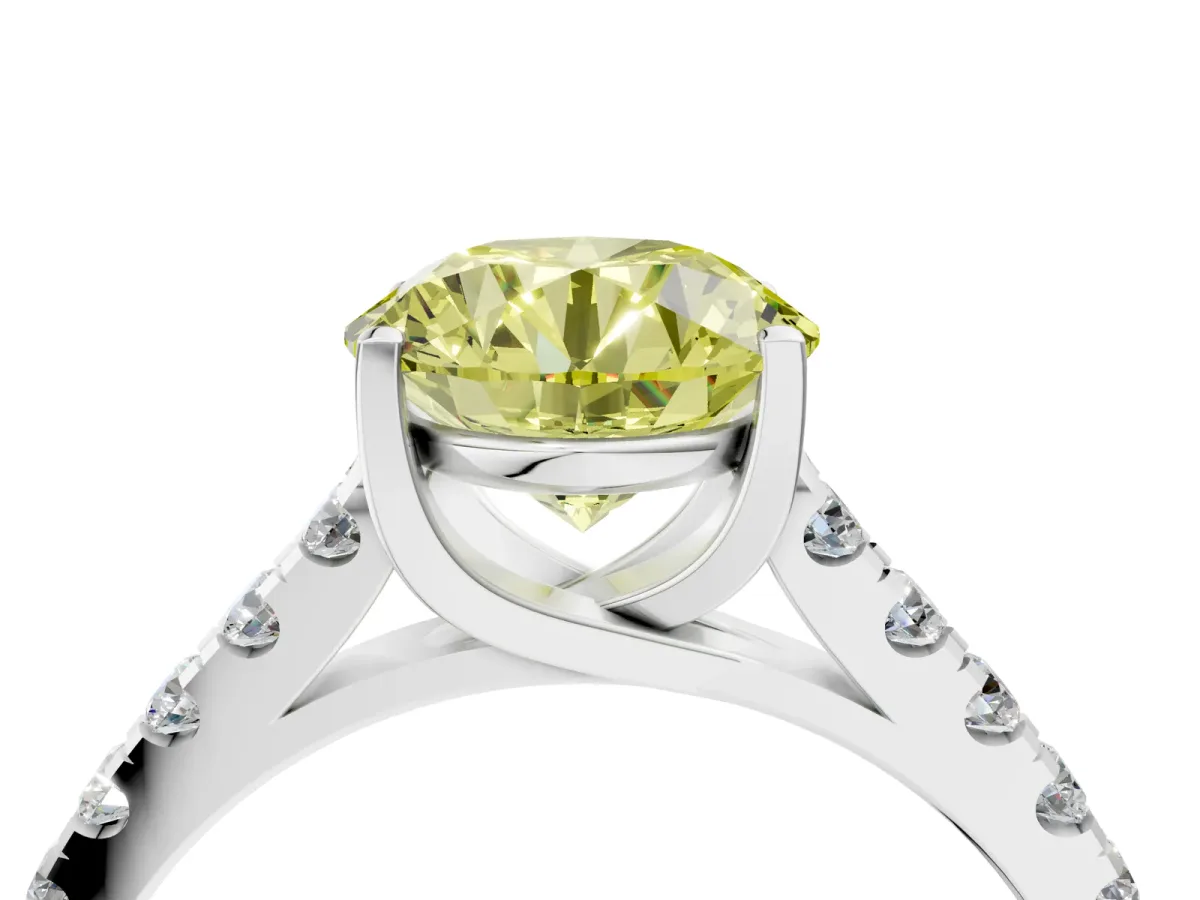 Fancy Yellow Round Cut Diamond Pavé Band Solitaire Ring with Prong Setting White gold
