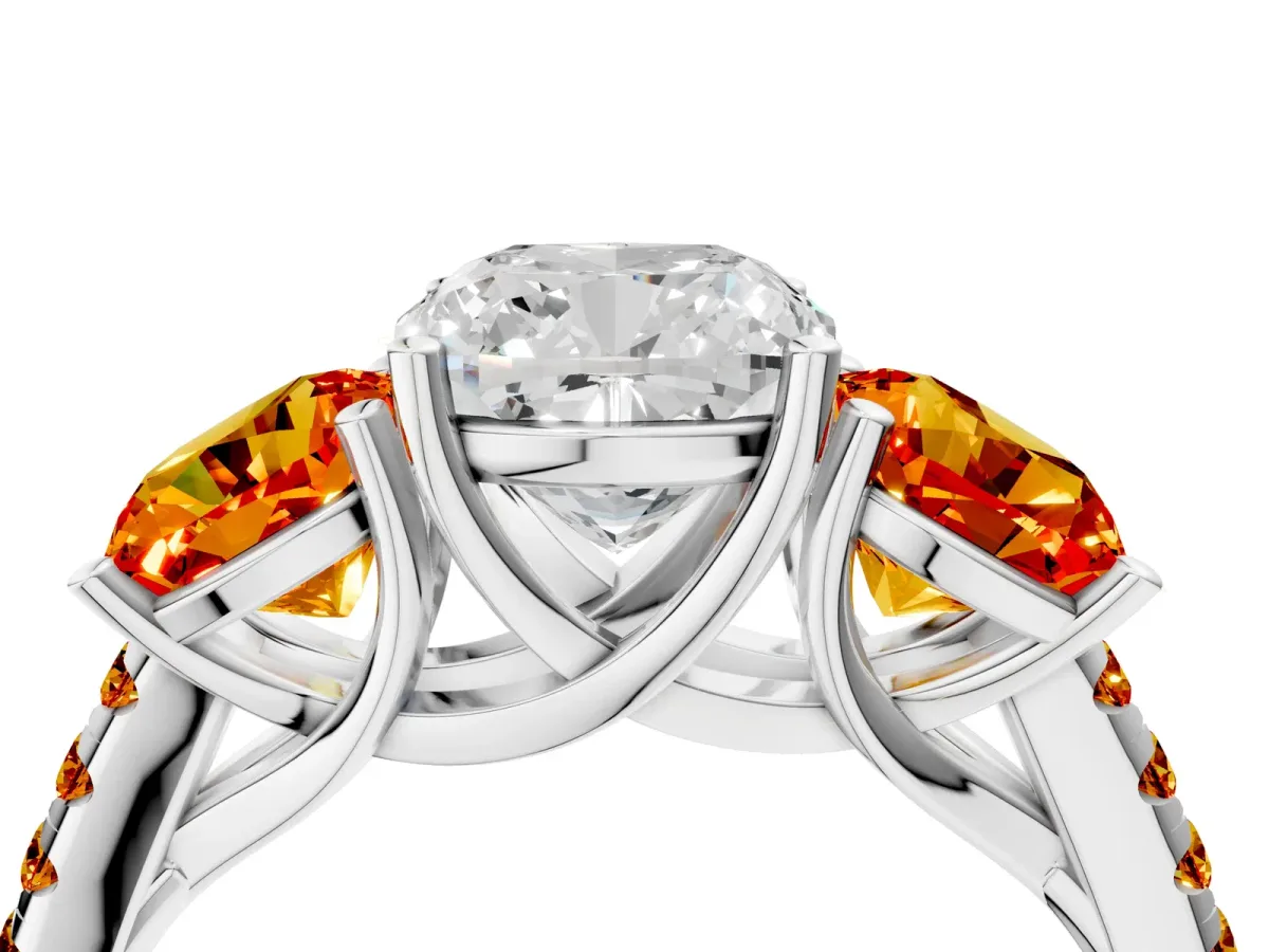 Three-Stone Cushion Cut Diamond Ring with Round Citrine Pavé Band and Prong Setting Silver