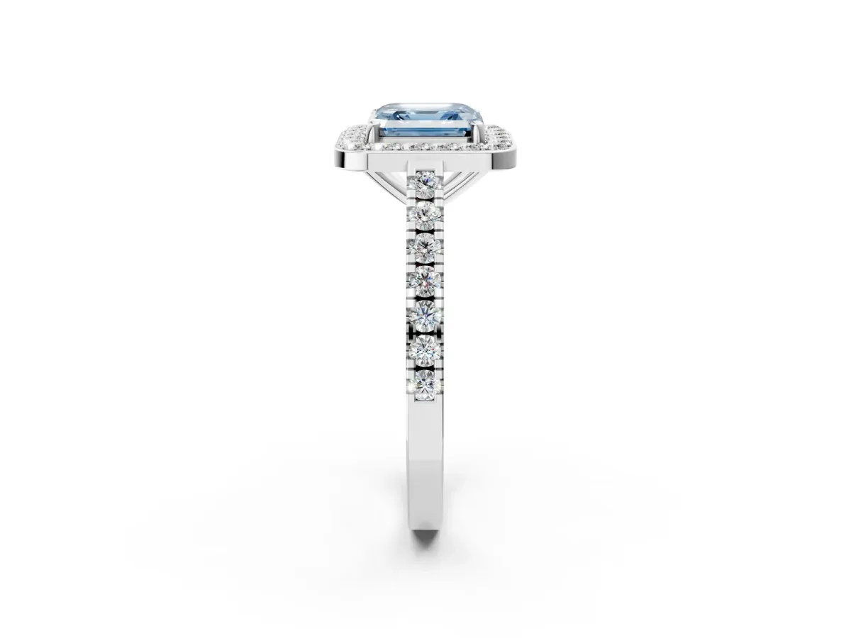 Fancy Blue Asscher Cut Diamond Halo Ring with Round Pavé Split Shank and Prong Setting Platinum