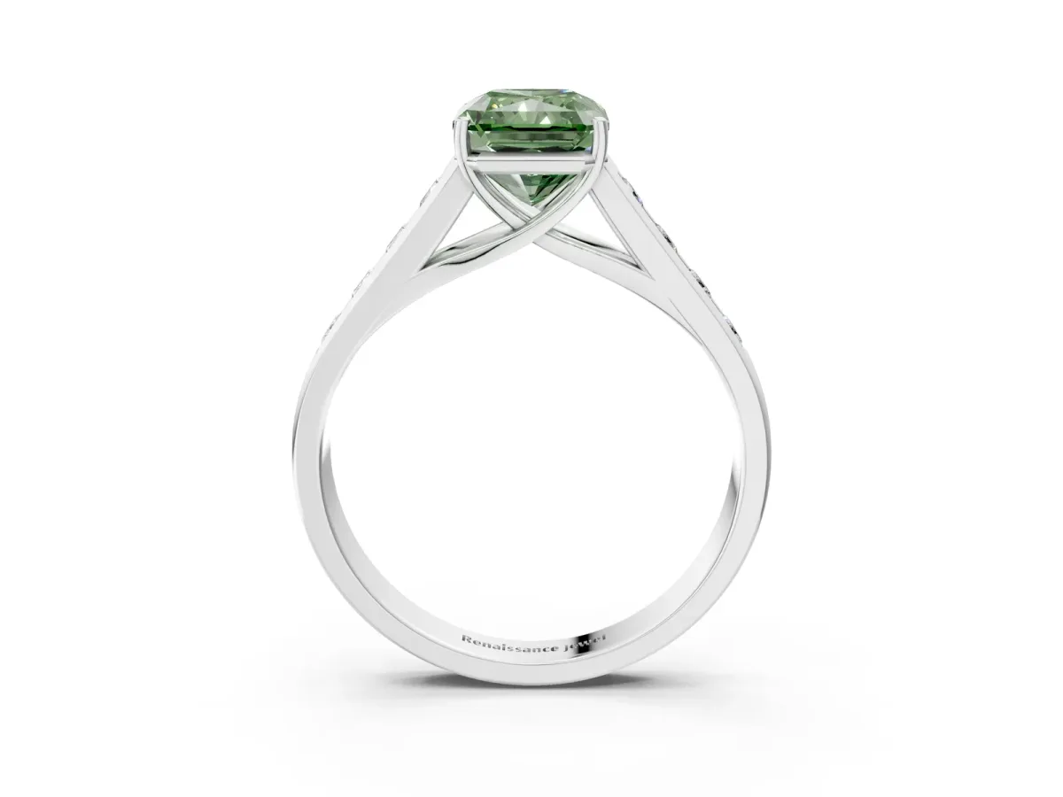 Fancy Green Radiant Cut Brilliant Channel-Set Solitaire Ring with Four-Prong Setting Platinum