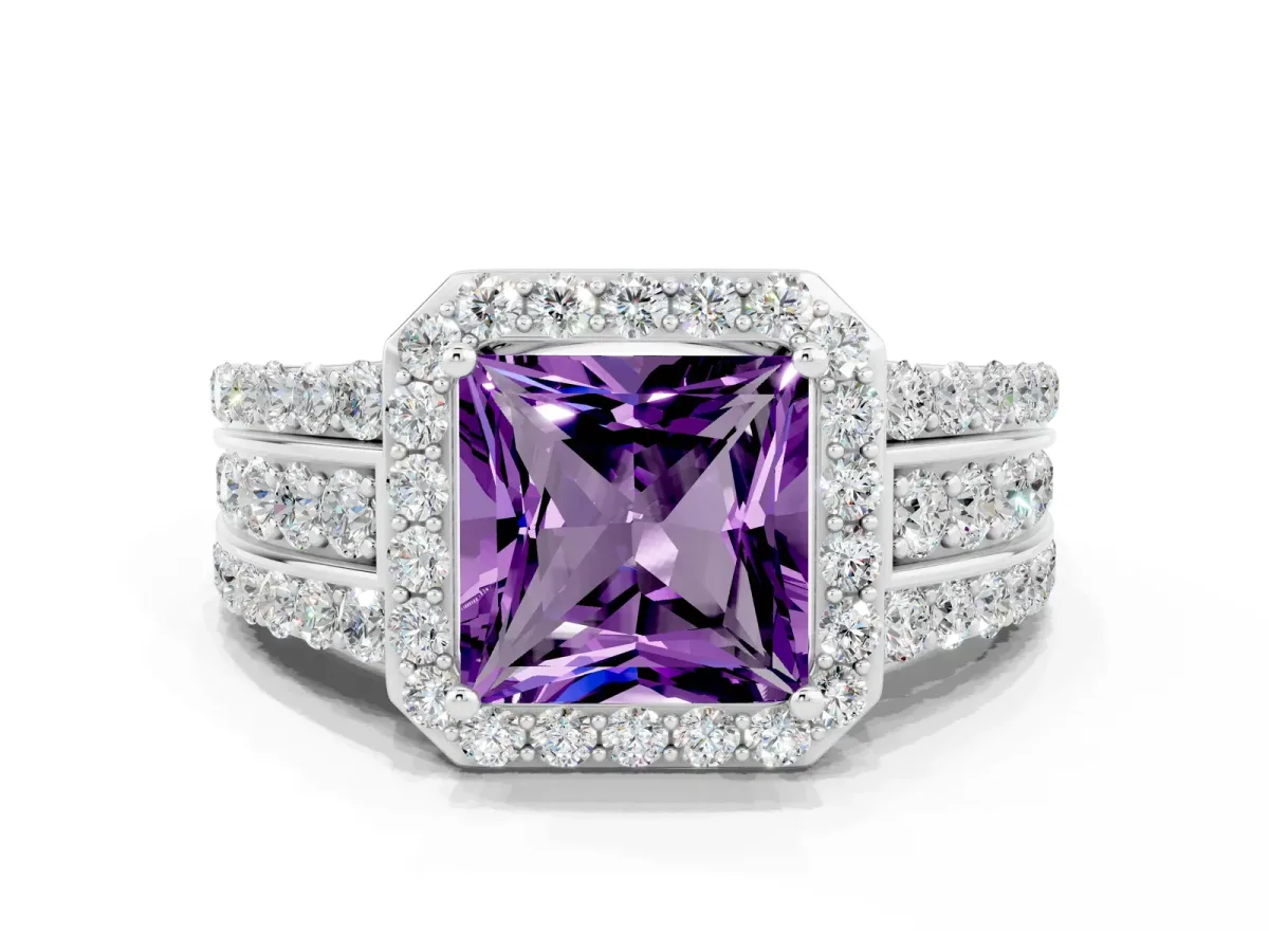 Princess Cut Halo Amethyst Ring with Round Split Shank and Prong Setting White gold