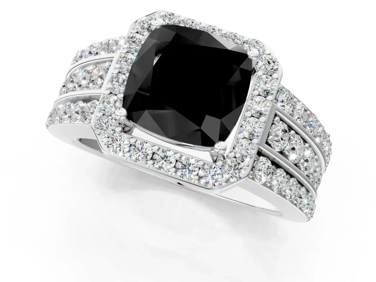 Fancy Black Cushion Cut Halo Diamond Ring with Round Split Shank and Prong Setting White gold