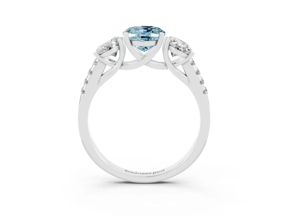 Three-Stone Oval Cut Aquamarine Ring with Round Pavé Band and Prong Setting Silver