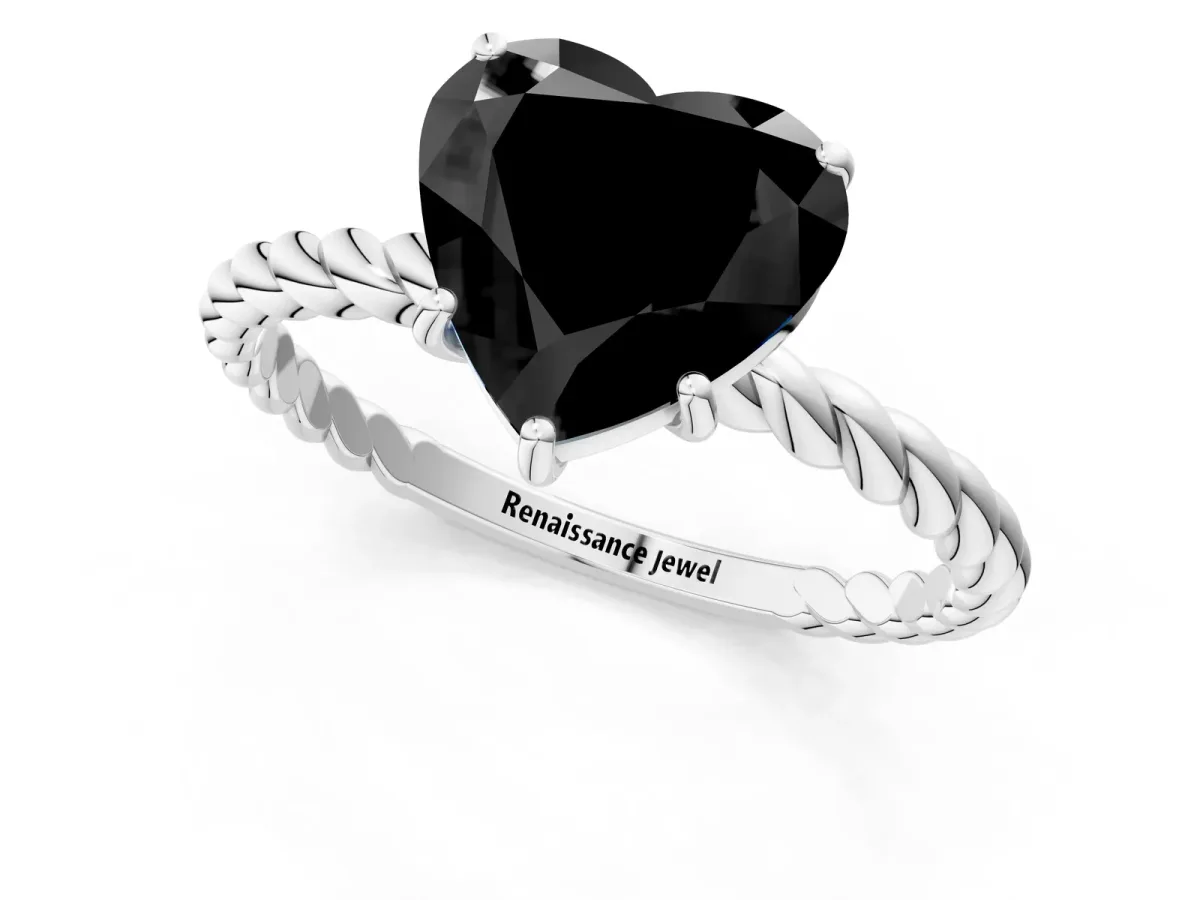 Fancy Black Heart Cut Solitaire Twisted Band 4-Prong Ring Platinum