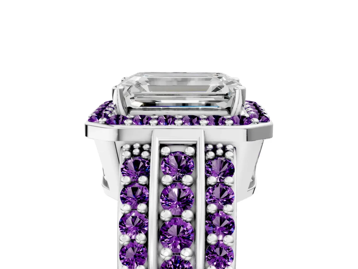 Emerald Cut Halo Diamond Ring with Round Amethyst Split Shank and Prong Setting Silver