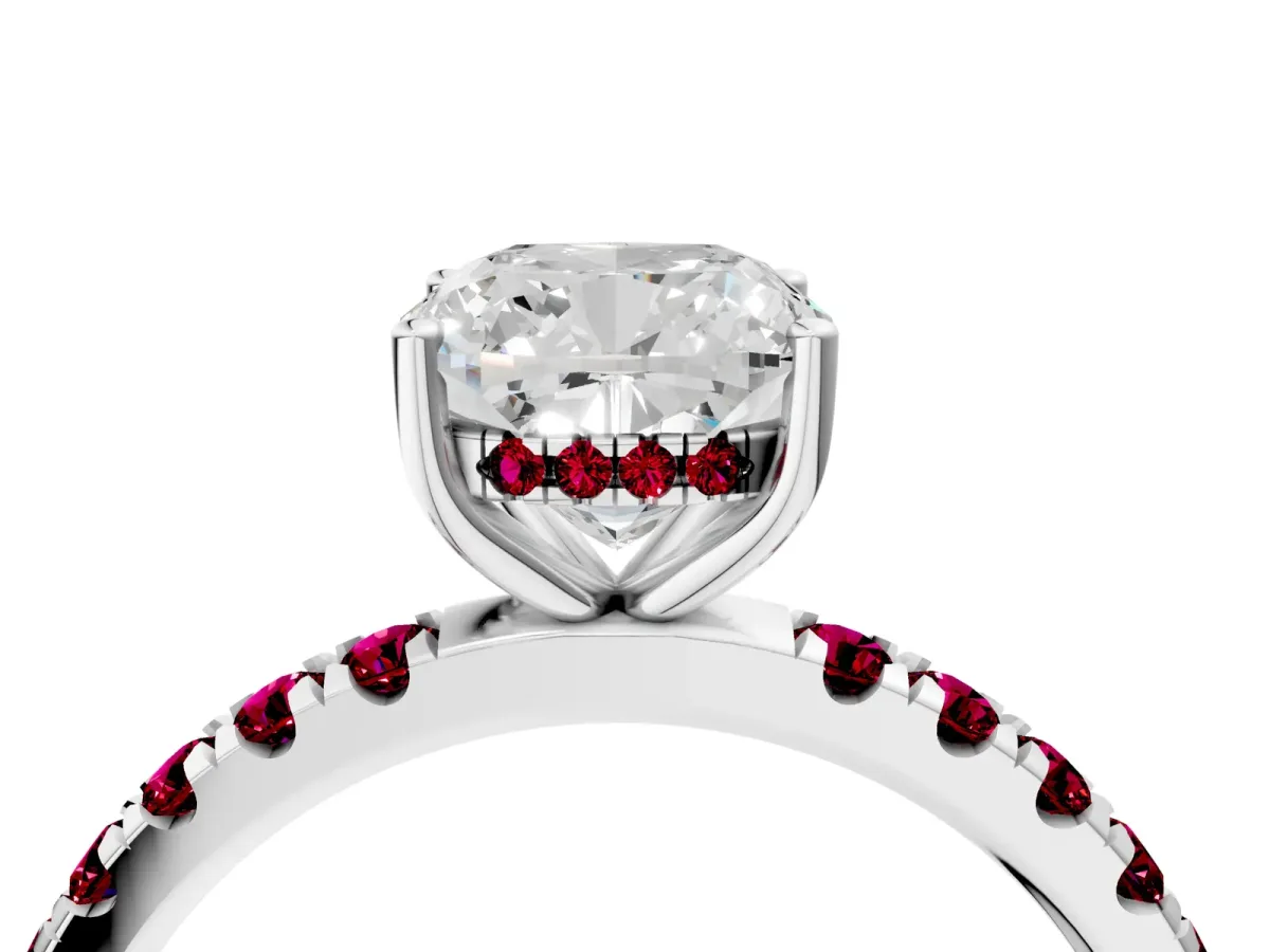 Cushion Cut Diamond Pave Band Solitaire Ring with Round Garnet and Prong Setting Silver