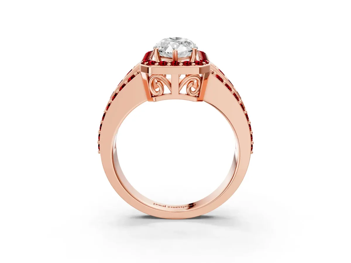 Marquise Cut Halo Diamond Ring with Round Ruby Split Shank and Prong Setting Rose gold